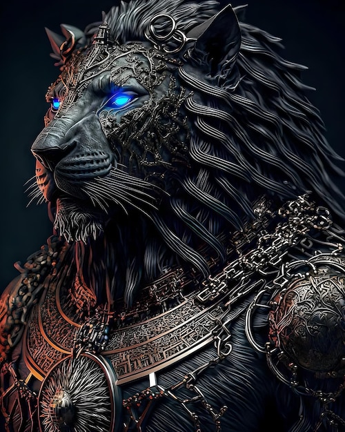 A lion with blue eyes and a blue glowing eye