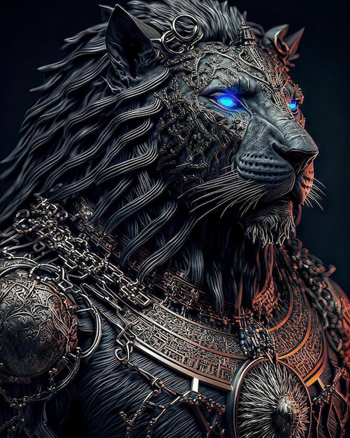 A lion with blue eyes and a blue glowing eye