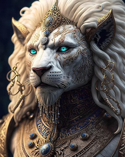 A lion with blue eyes and a golden crown