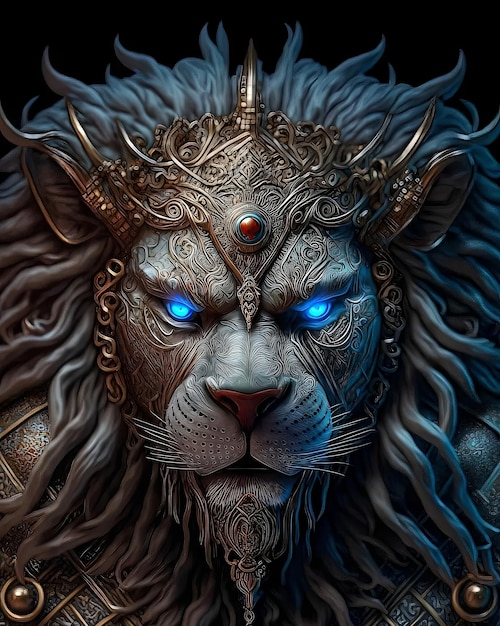 A lion with blue eyes and a golden crown