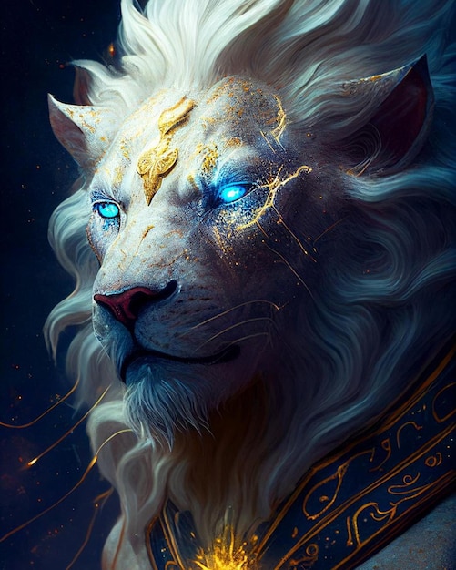 A lion with blue eyes and a golden crown
