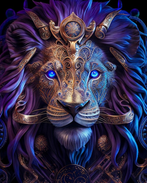 A lion with blue eyes and a golden mane