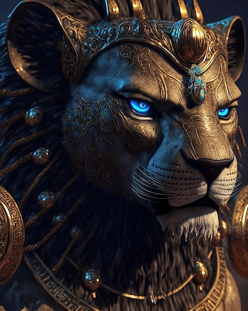 A lion with blue eyes and a golden mane