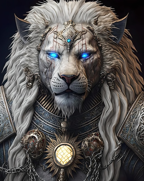 A lion with blue eyes and a white mane and a blue eyes.