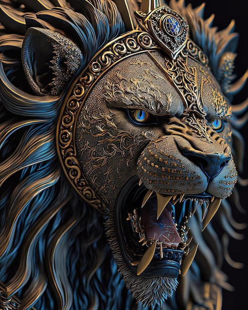 A lion with a blue face and a gold crown.