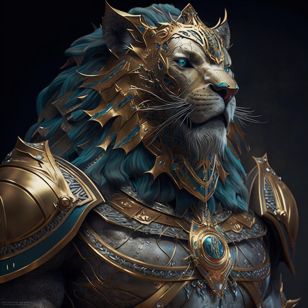 A lion with a blue face and gold trim and a gold chain around his neck.