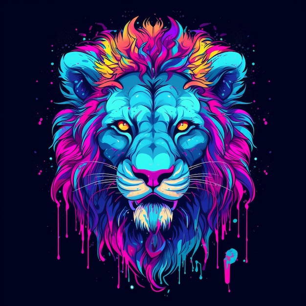 a lion with a blue mane and a blue and pink neon light.