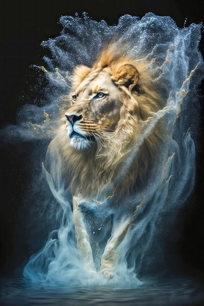 A lion with a blue mane and a white mane