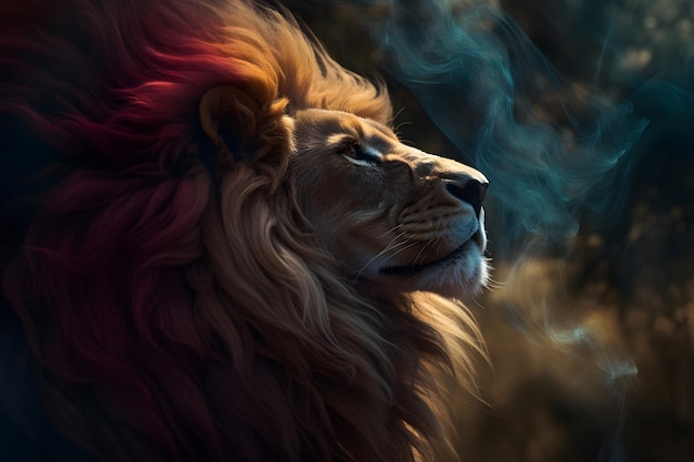 A lion with a blue smoke in the background