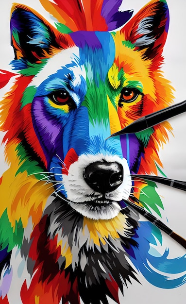 A lion with a brush that has a rainbow colored mane.