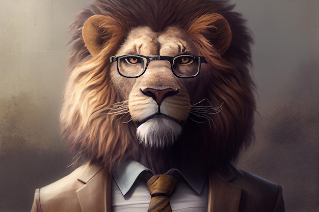 ビジネススーツにシックなたてがみとおしゃれなメガネをかけたライオン AI生成