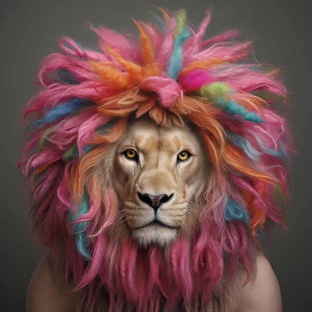 Lion with colorful hair on dark background creative marketing campaign concept