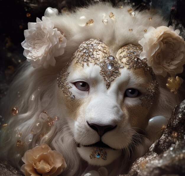Foto un leone con una corona e dei fiori sopra