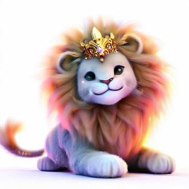 A lion with a crown on it's head is sitting on a white background.