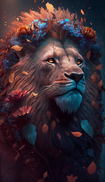 A lion with a crown of leaves on its head