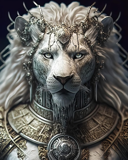 A lion with a crown and a necklace