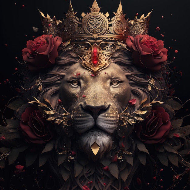 A lion with a crown and roses on it