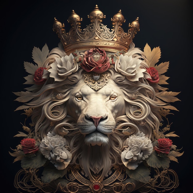 A lion with a crown and roses on it