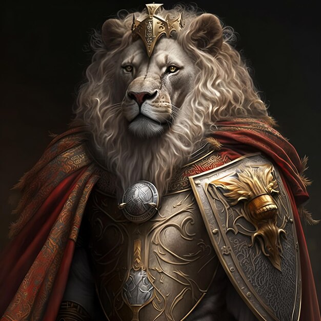 A lion with a crown and a shield on his chest