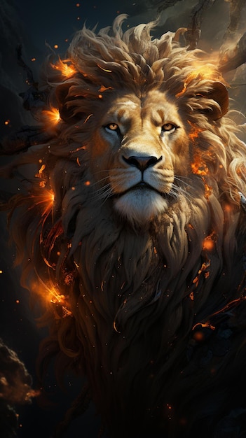 lion with fire and smoke in its mane on a dark background generative ai