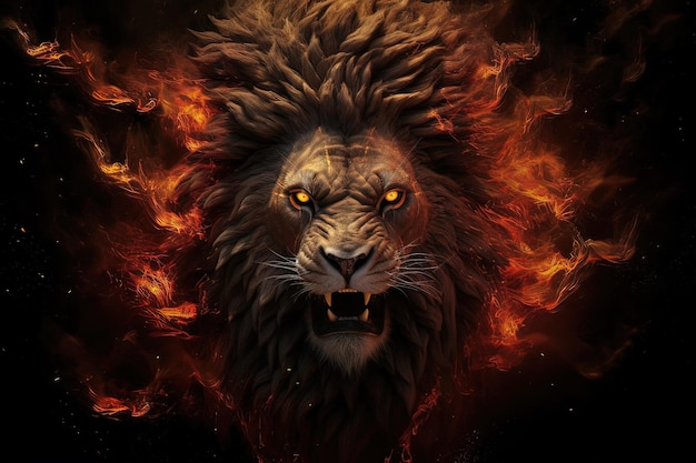 Lion with fire with flames in dark background Generated ai