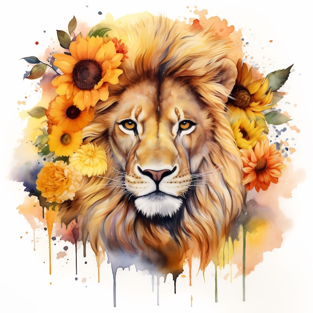 A lion with flowers on its head and a lion head