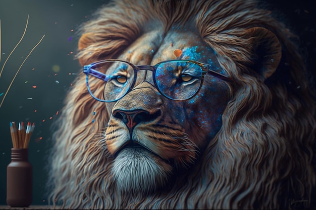 A lion with glasses and a blue eyeglasses