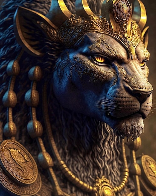 A lion with a golden crown and a golden eye.