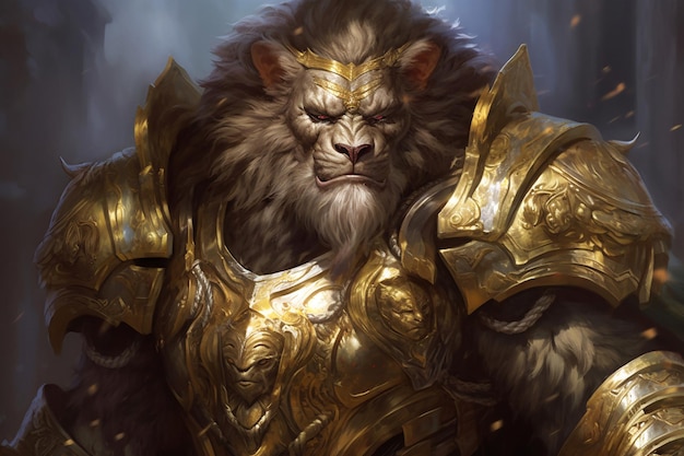 A lion with a golden crown and a helmet