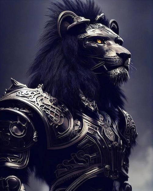 A lion with a golden eye and a black mane.