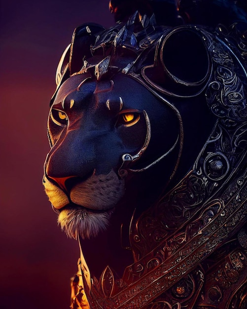 A lion with a golden eye and a black panther on it.