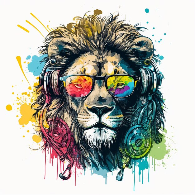 A lion with headphones and sunglasses on