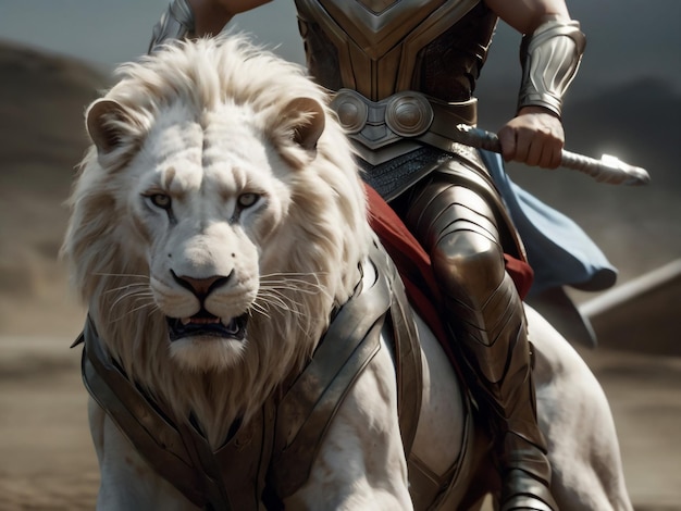 Photo a lion with a helmet on is next to a lion