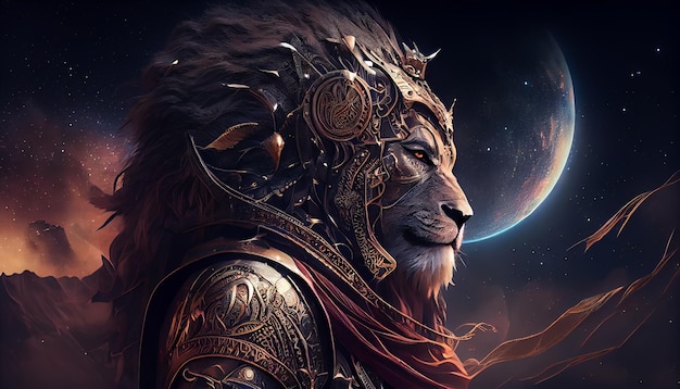 A lion with a helmet and a planet in the background