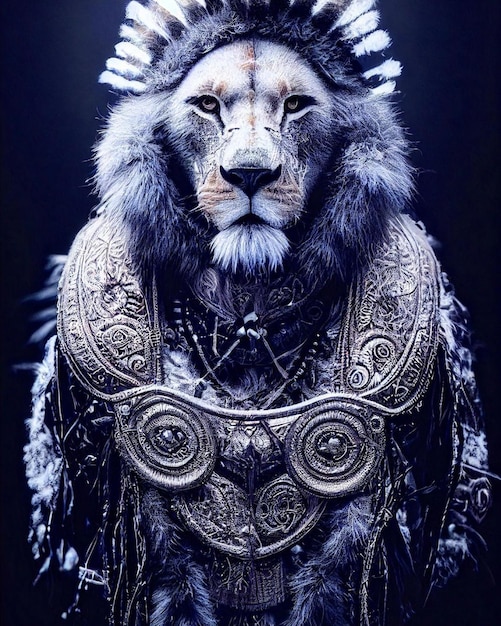 Foto un leone con una grande criniera e una spada sopra