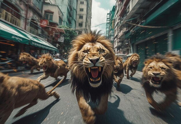 Photo a lion with a lion on its head runs down a street.