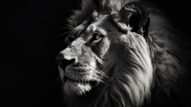 A lion with a long mane and a black background.