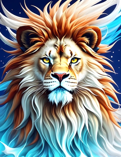 A lion with a long mane and blue eyes