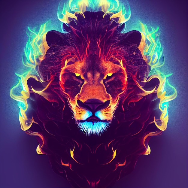 Photo lion with mane made of fire creative illustration