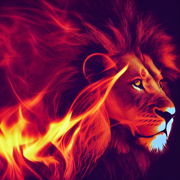 Lion with mane made of fire creative illustration