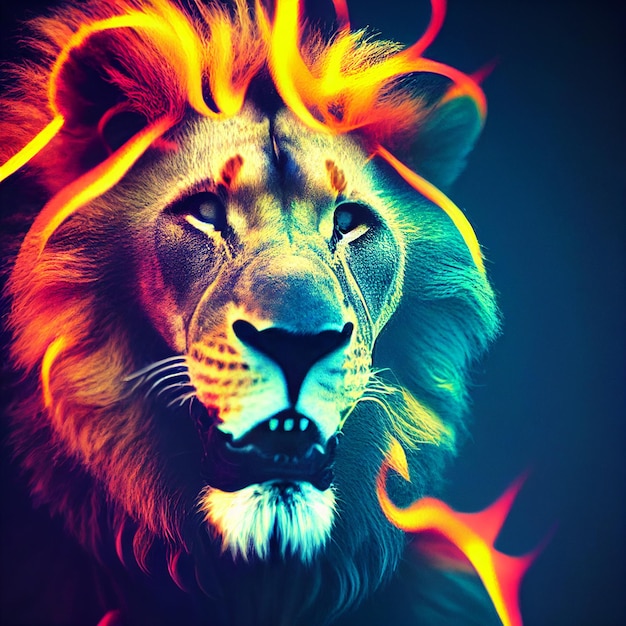 Lion with mane made of fire creative illustration