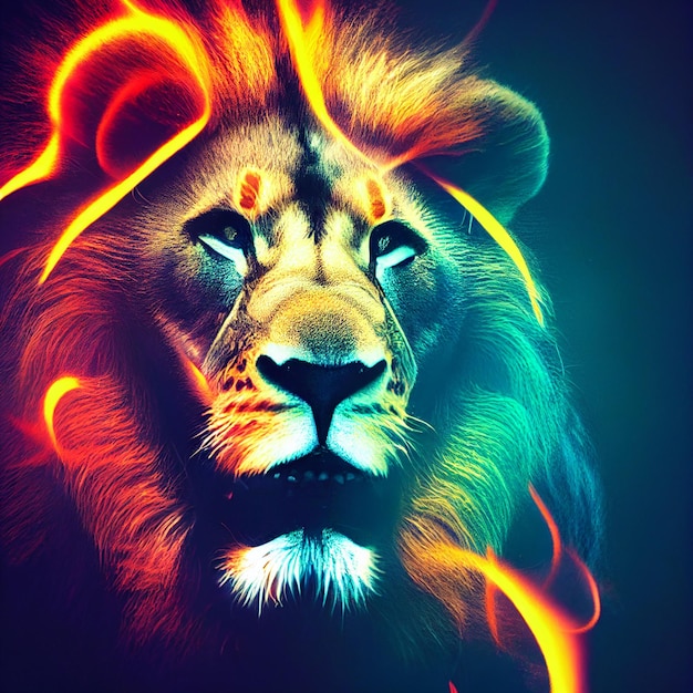 Lion with mane made of fire creative illustration