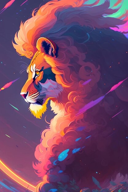 A lion with a mane and tail is painted in bright colors.