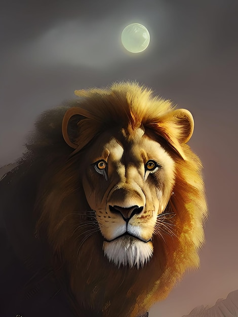 A lion with a moon in the background