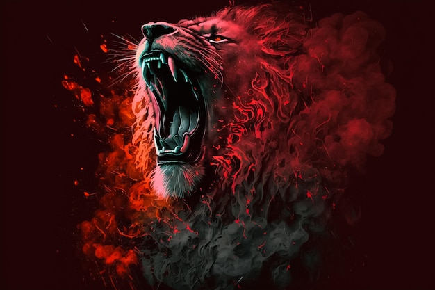 A lion with a mouth open and a red background.