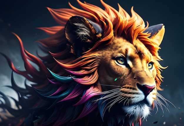 A lion with a rainbow mane on its head