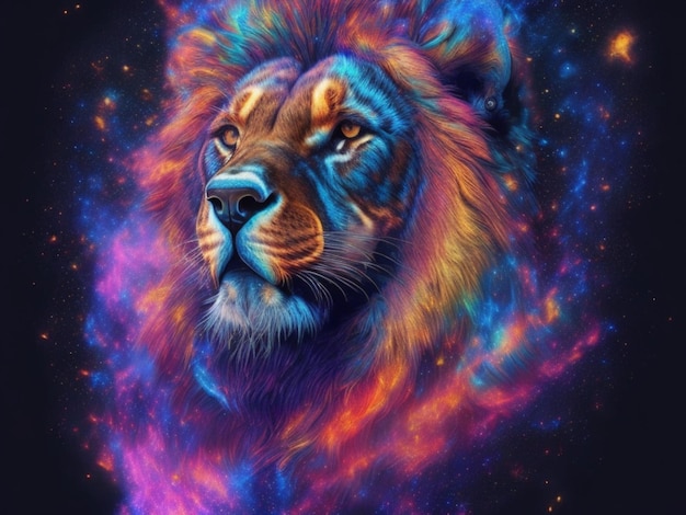 A lion with a rainbow portrait