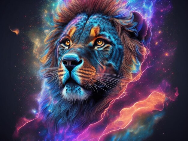 A lion with a rainbow portrait