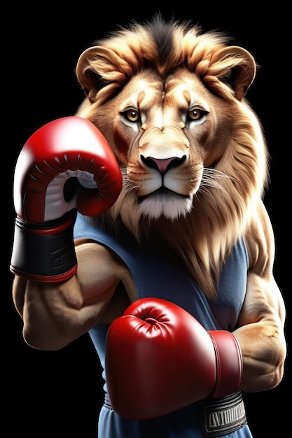 a lion with a red boxing glove on his chest