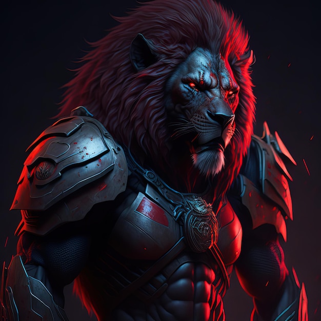 A lion with a red eye and a black mane.